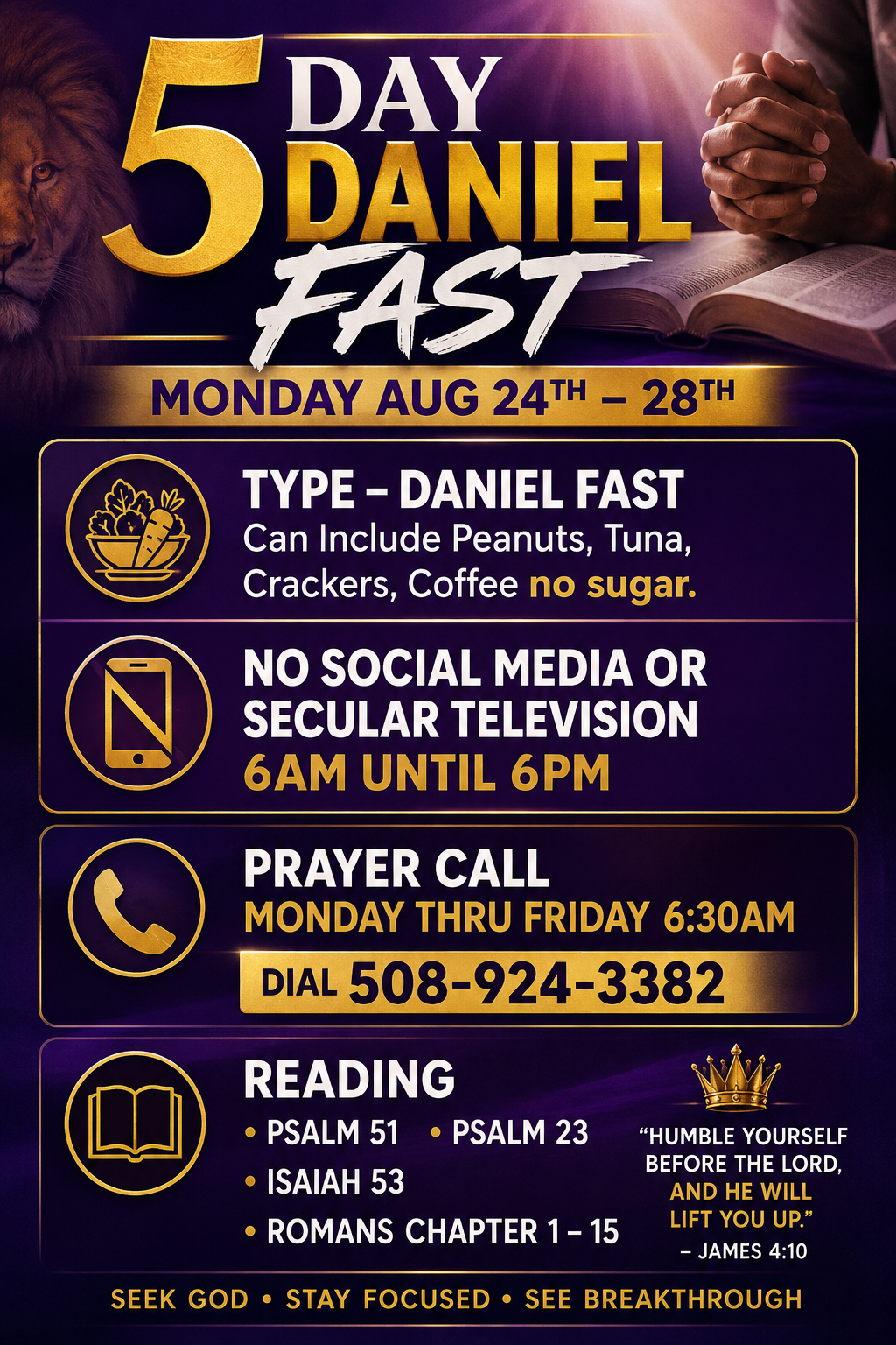 5 Day Daniel Fast — Monday August 24th through 28th